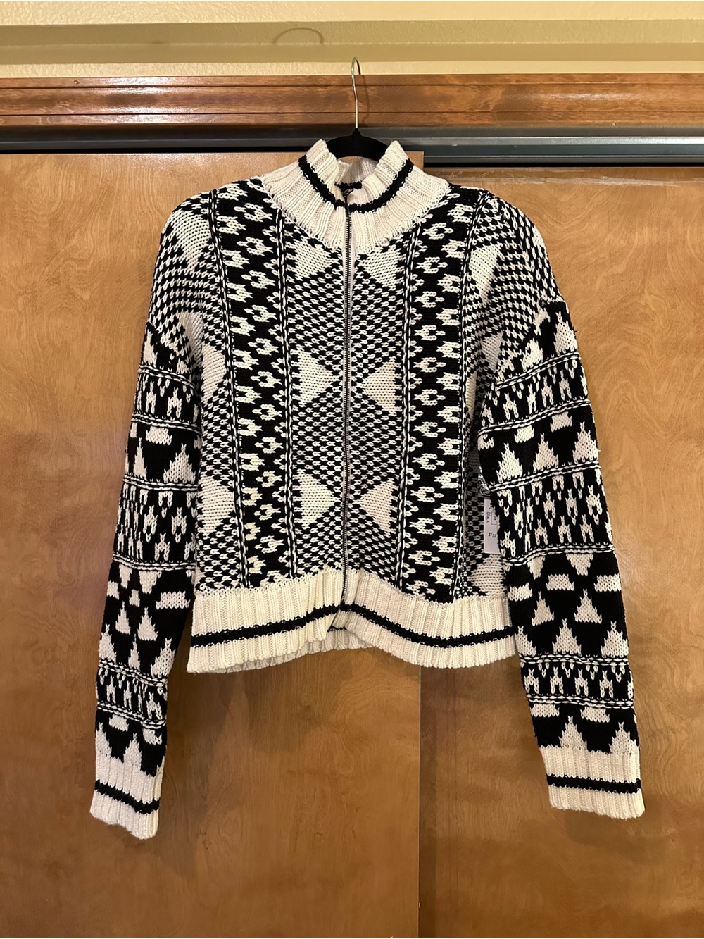 Tribal Black & White Geometric Zip-Front Turtleneck Sweater